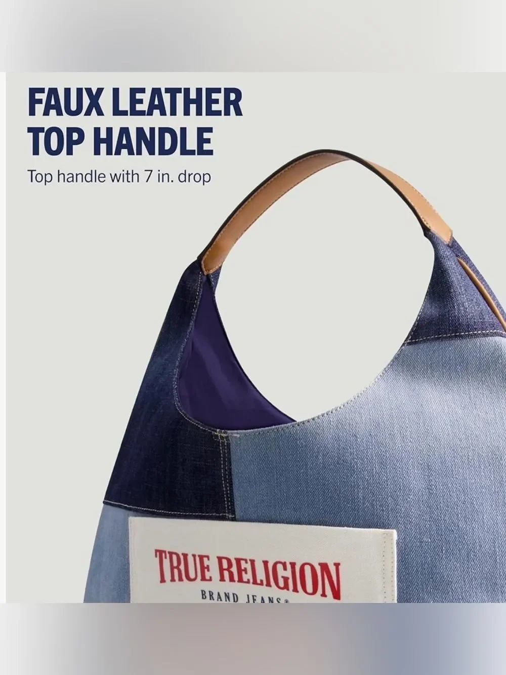 True Religion Blue White Patchwork Fade Denim Ticket Patch Hobo Shoulder Bag NEW